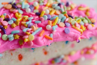 Colorful sprinkles on pink cake frosting