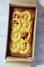 Lemon cake in baking pan