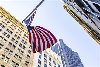 USA, California, San Francisco, Low angle view of american flag on high raise building