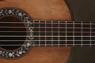 Close up of acoustic guitar bridge and strings