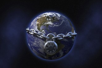 Padlock on chain surrounding globe in space