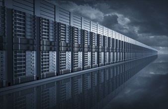 Composite image of computer servers and storm clouds