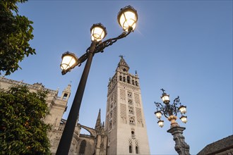 Spain, Seville, Low angle view of Giralda tower at dusk