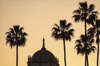 Spain, Seville, Silhouette of palm trees and dome in Maria Luisa Park