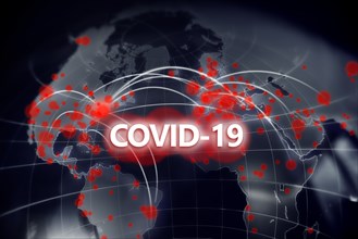 Covid-19 sign against world map