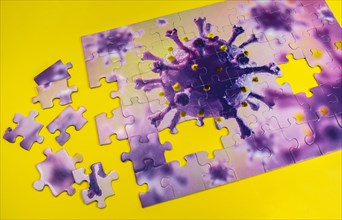 Studio shot of puzzle with Coronavirus model