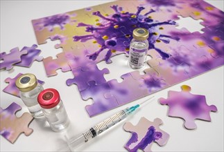 Studio shot of puzzle with Coronavirus model and vaccine vials and syringe