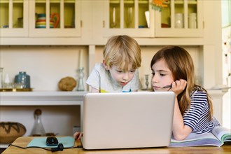 Boy (4-5) and girl (6-7) looking at laptop at home