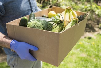Delivery person holding box with fruit and vegetables
