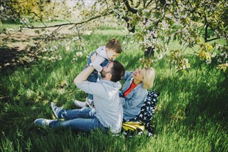 Parents with son (2-3) in orchard