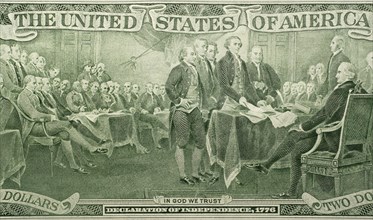 US paper bill with declaration of independence scene