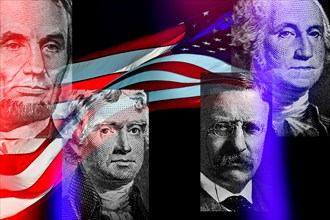 Portraits of American presidents against American flag,,