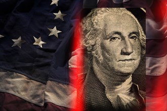 George Washington against American flag,,
