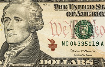 Close-up of US ten dollar bill,,