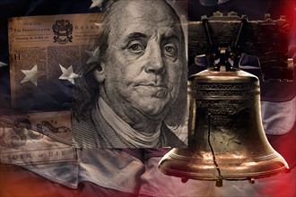 Benjamin Franklin, bell and newspaper against American flag,