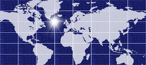 World map with grid and sun,,