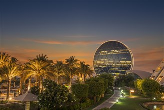 United Arab Emirates, Abu Dhabi, Aldar Properties headquarters at sunset