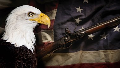 American eagle with american flag and revolutionary war rifle