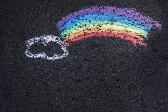 Childs chalk drawing with cloud and rainbow