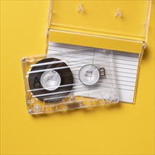 Analog audio cassette on yellow background
