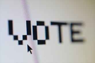 Computer monitor displaying the word vote