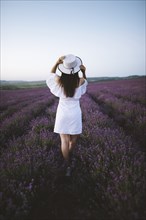 France, Woman in white dress in lavender field