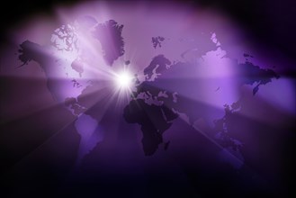 Purple world map with light beams