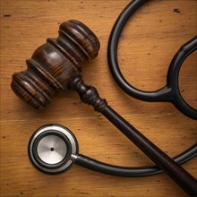 Gavel and stethoscope on wooden background