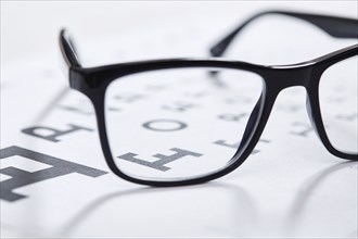 Close up of eyeglasses on eye chart