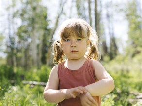USA, Utah, Uinta National Park, Portrait of girl (2-3) in forest