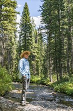 USA, Idaho, Sun Valley, Man standing on fallen tree over river in forest