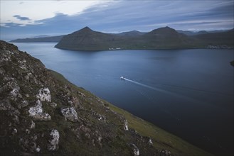 Denmark, Faroe Islands, Klaksvik, Boat in fjord