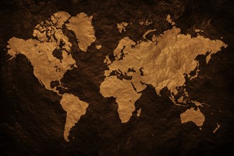 Gold world map on black background
