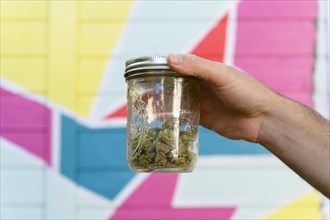 Close-up of mans hand holding jar with cannabis buds in front of colorful mural