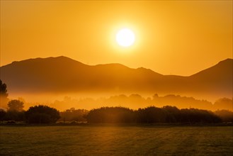 Foggy rural landscape at sunrise