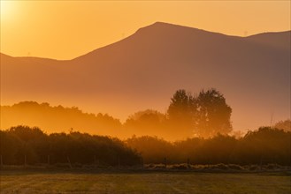 Foggy rural landscape at sunrise