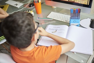 Boys (8-9) learning at home desk with notebook during Covid-19 lockdown