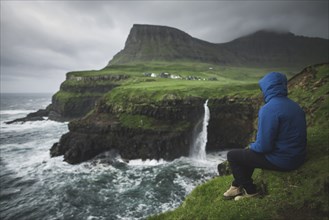 Man sitting on edge of cliff and looking at Mulafossur Waterfall