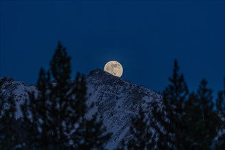 Full moon rising over Boulder Mountains in winter night