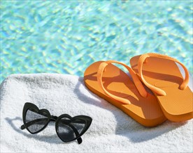 Orange flip flops and heart shaped sunglasses on towel at poolside