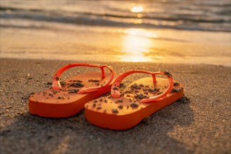 Flip flops on beach at sunset