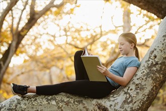 Girl sitting on tree branch and reading book