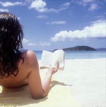 Rear view of woman reading book on beach