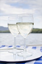 Two glasses of white wine on tray by Lake Placid