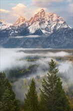 Snow covered Teton mountains at sunrise with mist above forest in foreground