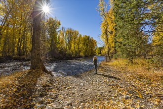 Woman looking at Big Wood River in autumn