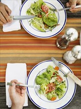 Overhead of the hands of father and son eating salad at table