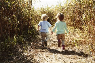 Boy and girl holding hands in field with crops