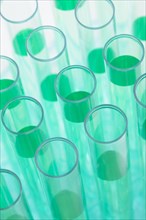 Close-up of test tubes with green liquid
