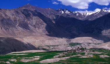 Mountain landscape in Himalayas with Buddhist Lamayuru Monastery